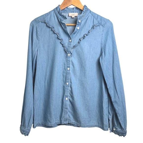 LOFT Tops - Loft‎ Ruffle Trim Denim Shirt Top Button Down Blouse XS Women's